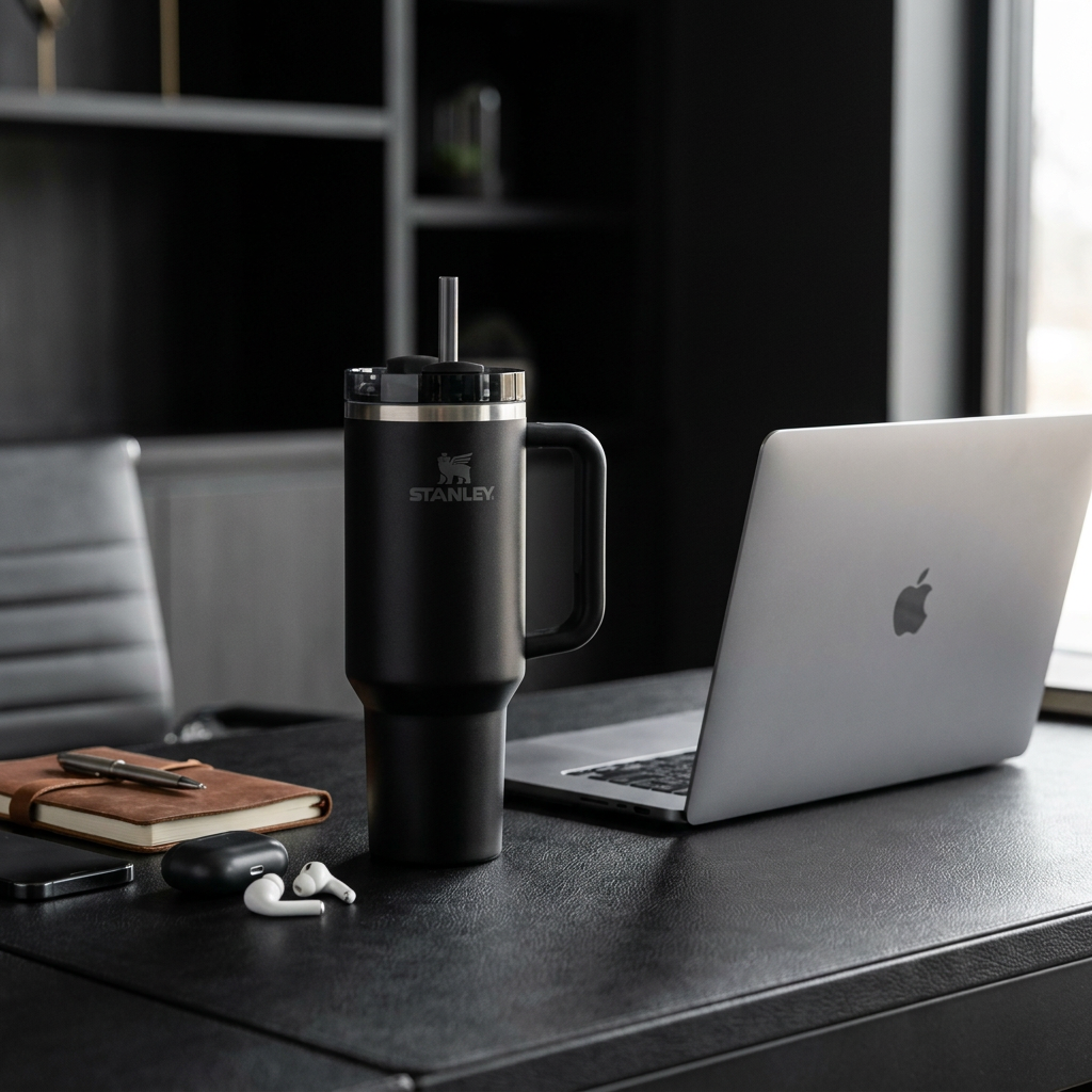 Insulated tumbler on office workspace desk