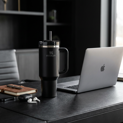 Insulated tumbler on office workspace desk